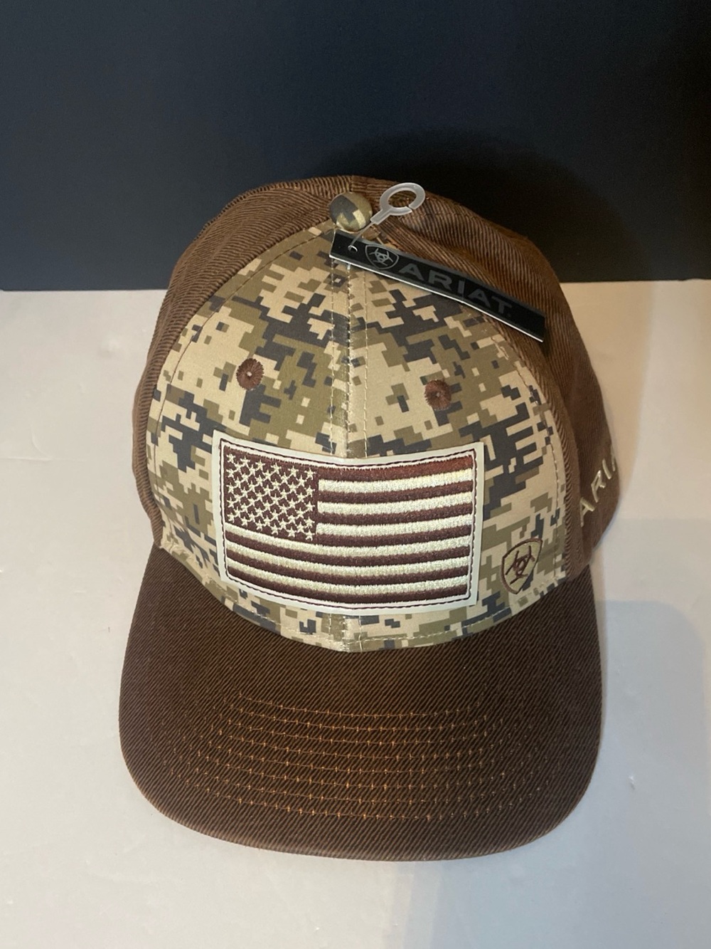 Ariat Trucker Hat Cap Snap Back Brown Mens Digital Camo American Flag Military